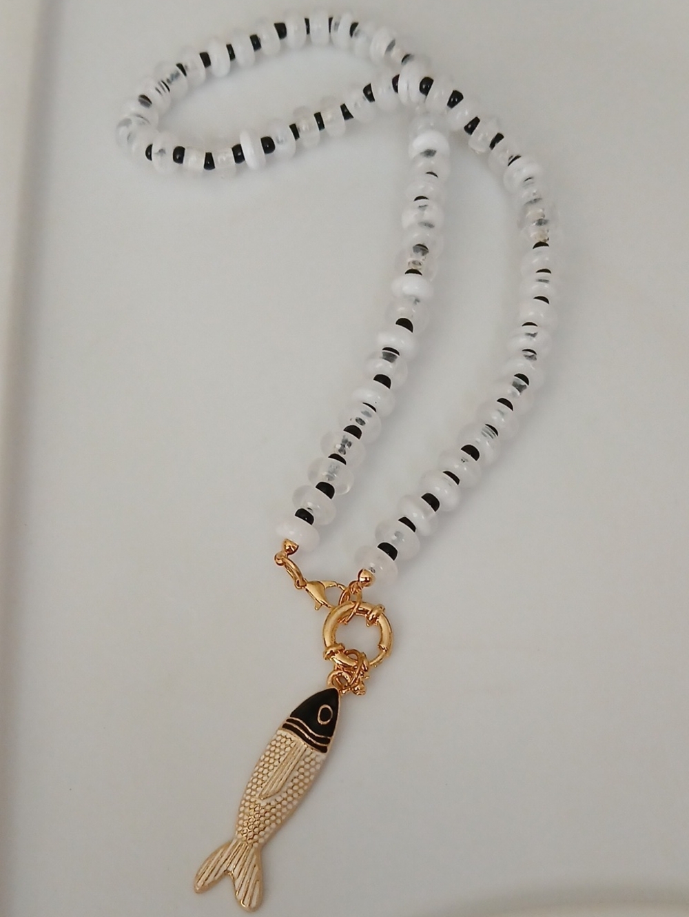 Fashion Jewelry Gold Fish Pendant Necklace - White & Black Beads